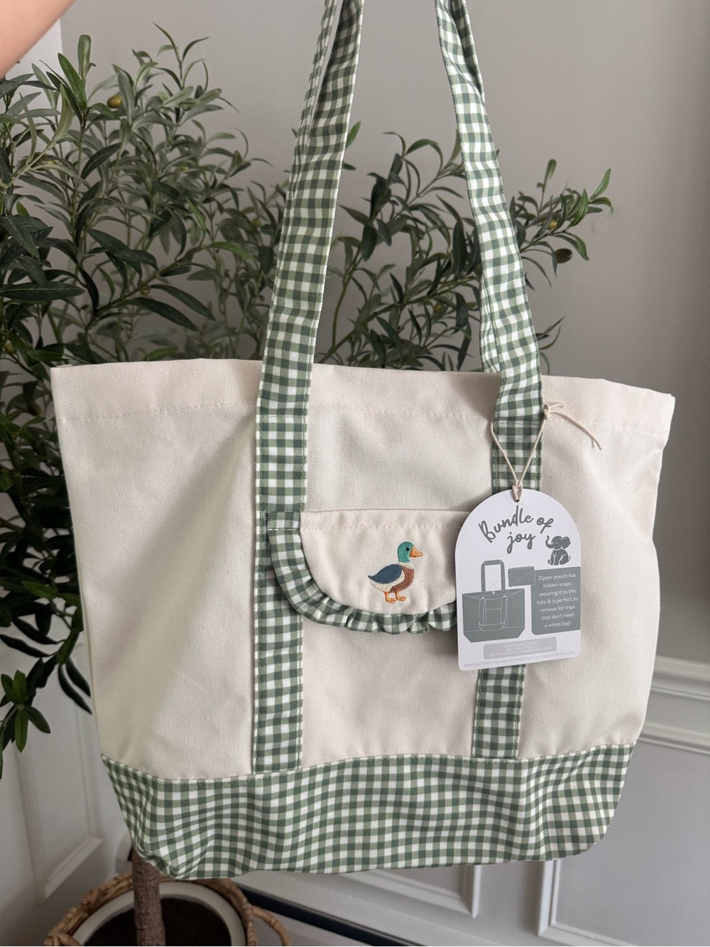 Green & white gingham tote bag with duck embroidery